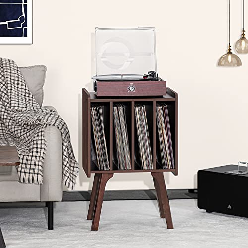 LELELINKY Record Player Stand, Walnut Vinyl Record Storage Table with 4 Cabinet Up to 100 Albums,Mid-Century Modern Turntable Stand with Wood Legs,Vinyl Holder Display Shelf for Bedroom Living Room LELELINKY