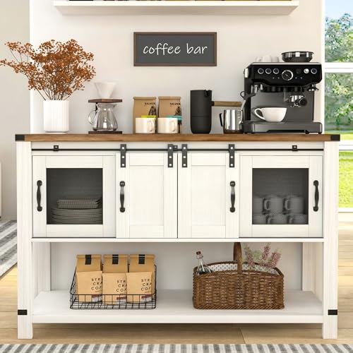 4ever2buy Farmhouse Coffee Bar Cabinet with Storage, 47'' Coffee Bar Table with Sliding Barn and Metal Mesh Doors, White Coffee Table with Bottom Open Shelf for Living Room