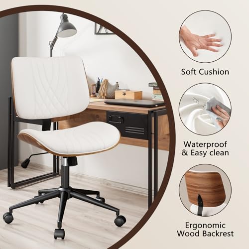 CLATINA Armless Home Office Chair, Desk Chair with Wheels, Adjustable Height Reading Chair, Leather Mid Back & Swivel Computer Chair, Modern Walnut Chairs with Back for Studio Meeting Room(White) CLATINA