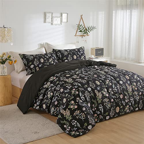Floral Comforter Set Twin Size, Yellow Green Botanical Flower Leaves Printed Black Comforter for Kids Teen Women, 2 Piece Soft Microfiber Bedding Set with 1 Pillow Case for All Season(Black,Twin) KAKIJUMN