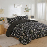 Floral Comforter Set Twin Size, Yellow Green Botanical Flower Leaves Printed Black Comforter for Kids Teen Women, 2 Piece Soft Microfiber Bedding Set with 1 Pillow Case for All Season(Black,Twin) KAKIJUMN