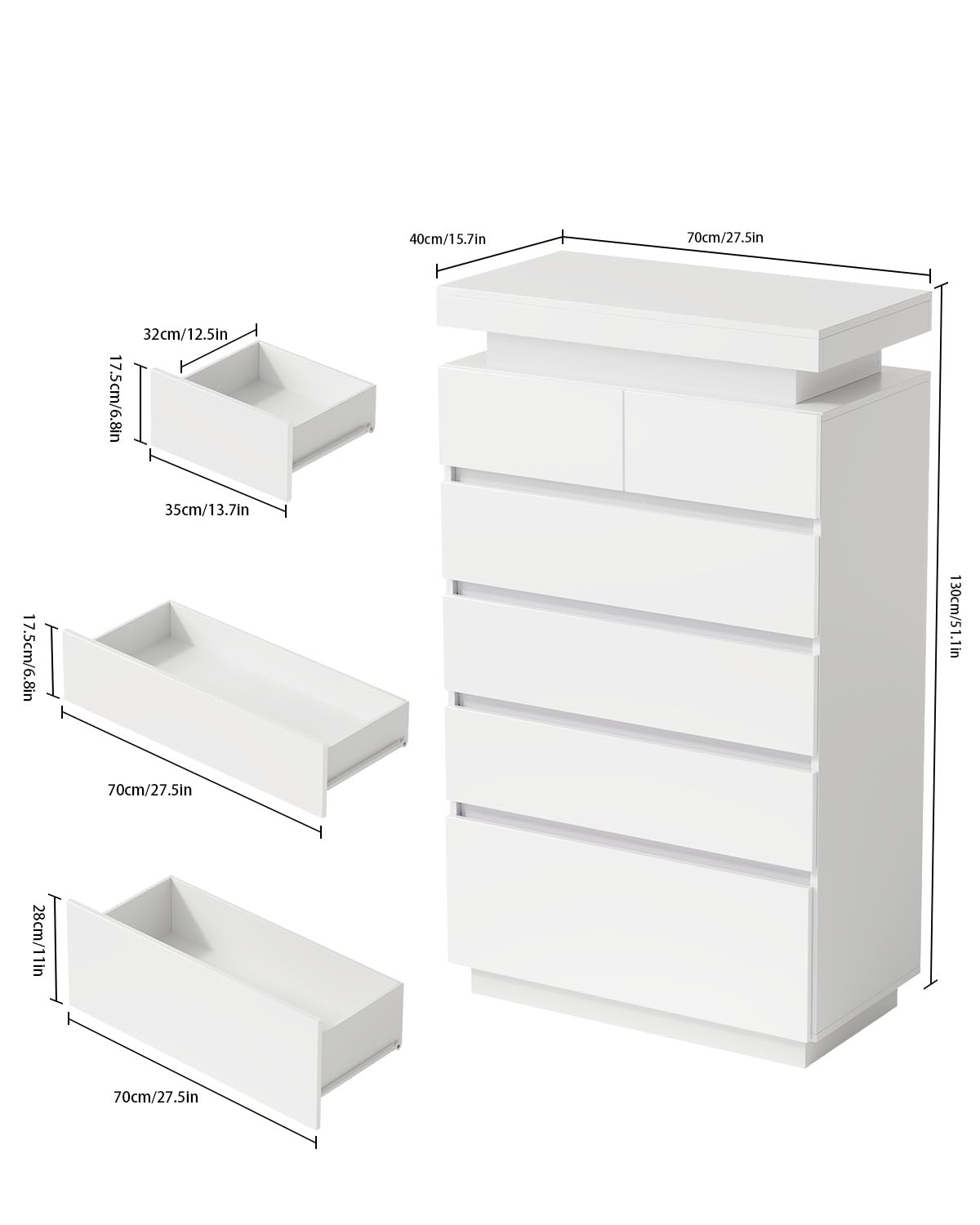 Seeday 6 Drawer Dresser for Bedroom with LED Lights, White Modern High Gloss Chest of Drawers for Closet, Tall Drawer with Adjustable LED Light, for Living Room, Entryway, Dressing Room Seeday