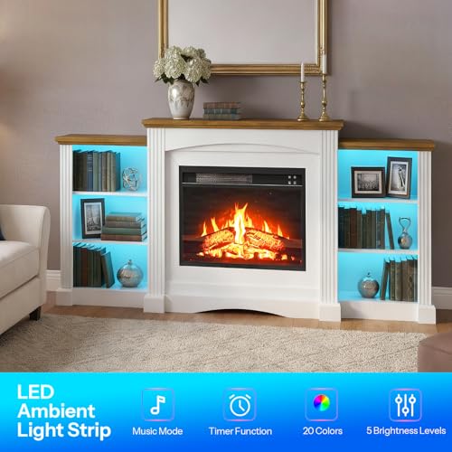 HOOBRO Electric Fireplace with Mantel, Fireplace TV Stand with Led Light, 74" Farmhouse Entertainment Center with Storage, Realistic Stacked Stone Surround and 3D Flame for Living Room, Bedroom HOOBRO
