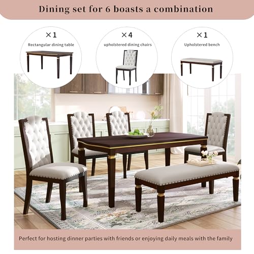 Merax 6-Piece Kitchen Dining Table Set, 60" Rectangular Table with 4 High-Back Tufted Upholstered Chairs & 1 Bench, Rubberwood Legs Modern Elegant Farmhouse for Kitchen Room, Espresso Merax