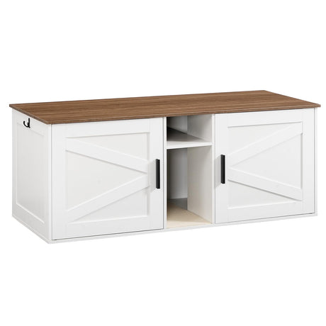 HOOBRO Double Litter Box Enclosure, Modern Cat Litter Box Furniture with Storage and Mat Design, Farmhouse Hidden Litter Box Enclosure with 2 Hooks, White and Walnut WH23MW01 HOOBRO