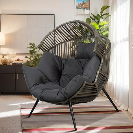 Vongrasig Outdoor Wicker Egg Chair PE Rattan Chair with Cushion, Oversized Patio Lounge Chair for Outdoor, Indoor, Balcony, Backyard, Garden, Black/Rattan Vongrasig
