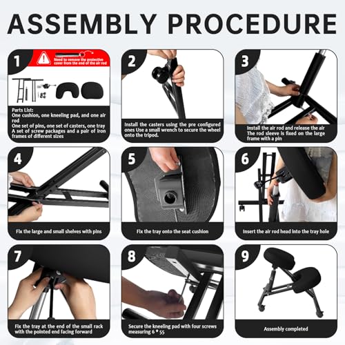 PU Leather Ergonomic Kneeling Chair, Adjustable Home and Office Stool with Thick Pads and Flexible Lockable Brake Wheels for Back Pain Relief(Black) DENGTELI