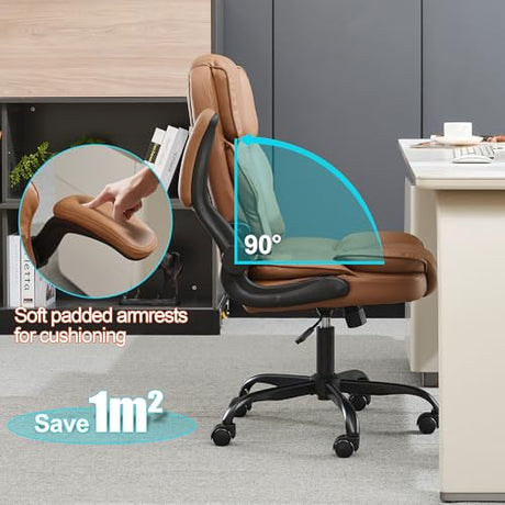 BOWTHY Office Desk Chair,Mid Back Executive Leather Chair,Ergonomic Home Computer Chair,Modern Conference Room Chairs with Adjustable Flip-Up Arms and Rocking Function (Brown) BOWTHY