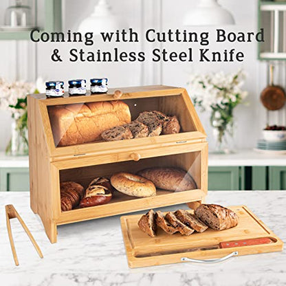 MAISONPEX Double Layer Bamboo Bread Box for Kitchen Countertop, Cutting Board, and Stainless Steel Bread Knife, Large Capacity Storage Container with Clear Windows (Self-Assembly)