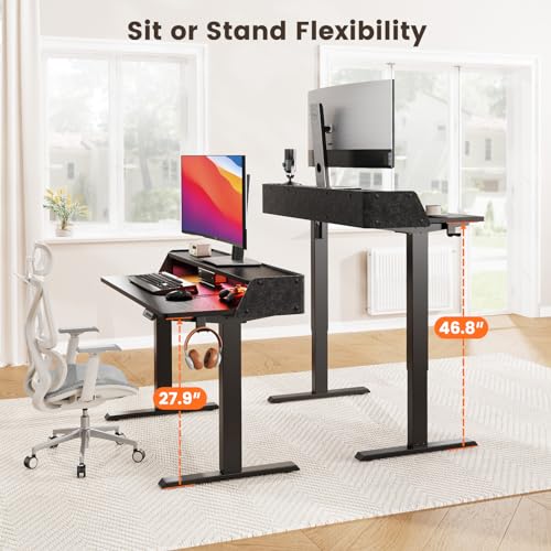 ErGear Standing Desk with LED Strip, 48″ x24″ Electric Height Adjustable RGB Gaming Desk with Shelf, Sit Stand Desk with Dual Cable Holes, C-Clamp Mount Compatible, 4 Preset Heights, Black ErGear