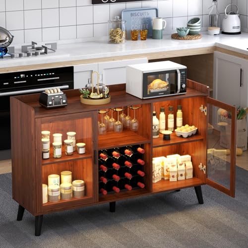 Auromie Wine Bar Cabinet with Led Light, Home Coffee Cabinet with Wine and Glass Rack, Kitchen Buffet Sideboard with Storage Shelves, Freestanding Liquor Cabinet for Living Room, Dining Room (Walnut)