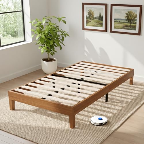 Sweetcrispy Solid Wood Bed Frame, Twin Size Bed Base with Wood Slat Support, Sturdy, Stylish & Noise-Free Design, No Box Spring Needed, Easy Assembly, Dark Brown Sweetcrispy