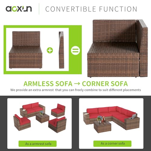 Aoxun Patio Furniture Set 13 Pieces Wicker Rattan Outdoor Furniture with 44” Fire Table Patio Sectional Sofa with Thickened Cushions, Red (Include Waterproof Cover)