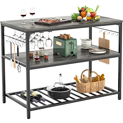 Homieasy Black Oak Kitchen Island with Wine Rack, Glass Holder & 3-Tier Storage