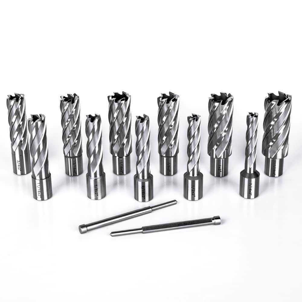 OSCARBIDE Annular Cutter Set 13pieces,2"Cutting Depth,3/4"Weldon Shank and 7/16 to 1-1/16 inch Cutting Diameter Mag Drill Bits for Magnetic Drill Press with 2pcs Pilot Pins OSCARBIDE