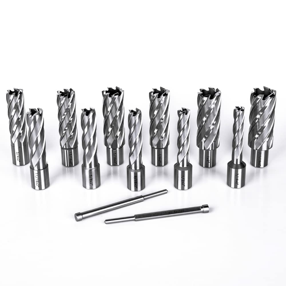 OSCARBIDE Annular Cutter Set 13pieces,2"Cutting Depth,3/4"Weldon Shank and 7/16 to 1-1/16 inch Cutting Diameter Mag Drill Bits for Magnetic Drill Press with 2pcs Pilot Pins - WoodArtSupply