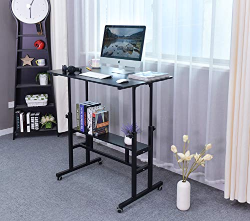 AIZ Mobile Standing Desk, Adjustable Computer Desk Rolling Laptop Cart on Wheels Home Office Computer Workstation, Portable Laptop Stand Tall Table for Standing or Sitting, Black, 39.4" x 23.6" AIZ