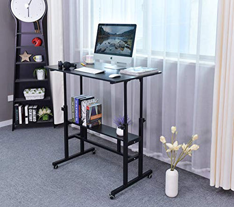 AIZ Mobile Standing Desk, Adjustable Computer Desk Rolling Laptop Cart on Wheels Home Office Computer Workstation, Portable Laptop Stand Tall Table for Standing or Sitting, Black, 39.4" x 23.6" AIZ