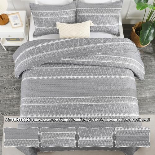 Andency Quilts Queen Size Grey, 3 Pieces Queen Quilt Bedding Set Boho Lightweight Soft Striped Bedspread for All Season (90"x96"), Gray Printed Bohemian Microfiber Reversible Coverlet Comoforter Sets