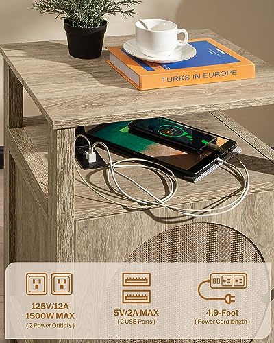 SICOTAS Rattan Nightstand Set of 2, Boho Tall Night Stand with Charging Station, Wooden Farmhouse Bedside End Table with Storage, 4-Tier Nightstands with Adjustable Shelf for Bedroom or Livin - WoodArtSupply