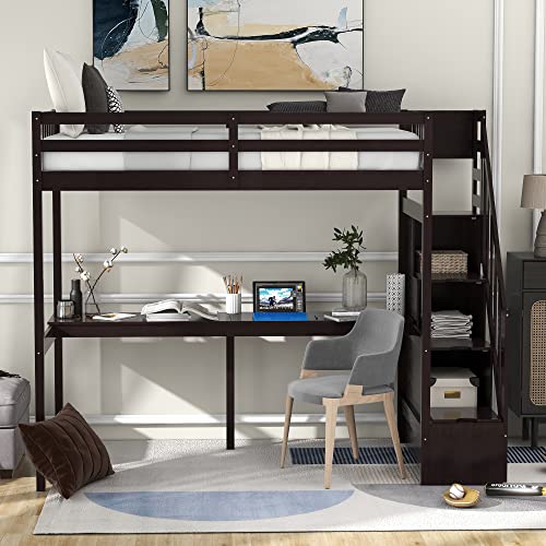 Espresso Twin Size Loft Bed with Storage Steps and Built-in Desk for Kids - WoodArtSupply