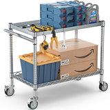 Leteuke 2 Tier Utility Tool Cart with Wheels, Heavy Duty Rolling Utility Carts with Handle, Commercial Grade Metal Serving Storage Cart for Warehouse Garage Kitchen, 25" D x 38.98" W x 40" H-Silver