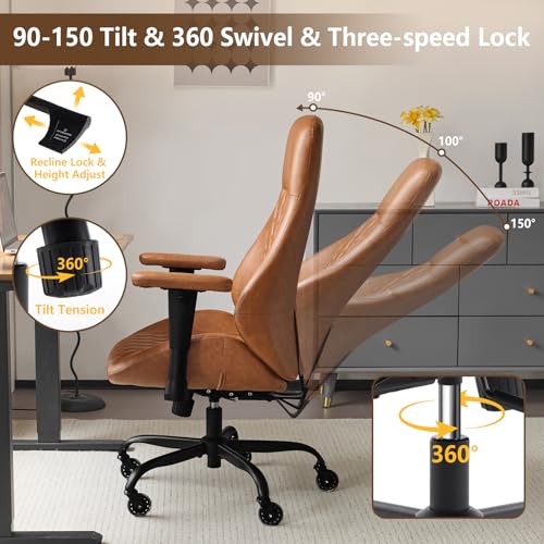 YFO Home Office Desk Chair High Back Office Rubber Casters Ergonomic Computer Chair with Lumbar Support Adjustable Height Rolling Swivel Chair Executive Task Armrests， Brown Leather YFO