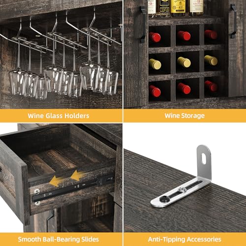 DWVO Coffee Bar Cabinet with Power Outlet/Lights, 72" Farmhouse Pantry Cabinet with Storage Shelves and 3 Drawers, Tall Liquor Cabinet Bar Cabinets for Home/Living Room, Dark Rustic Oak DWVO