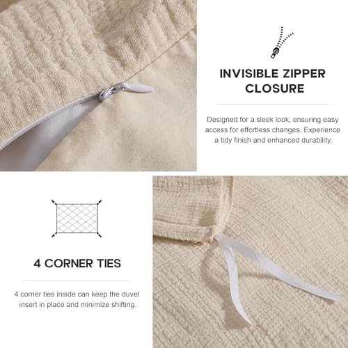 Simple&Opulence Linen Muslin Duvet Cover Set Queen Size, 3Pcs Khaki Linen Cotton 3-Layer Gauze Minimalist Comforter Cover 88”x92”, Ultra Soft Breathable Seersucker Bedding Set with 2 Pillowcases Simple&Opulence