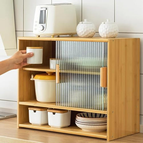 Bamboo Countertop Storage Cabinet with 2 Sliding Striped Glass Doors, Kitchen Cabinet Pantry Sideboard Freestanding Utility Cupboard for Spice Seasoning Bottles, Dish, Bowl (Wood Color) BuufuS