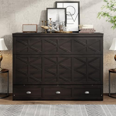 TCMILA Queen Size Murphy Cabinet Bed with Large Storage Drawers and USB, Foldable Murphy Bed Frame with Wood Slat Support, Space Saving, for Kids Boys Girls Adults, Espresso