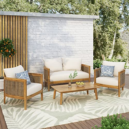 CHRISTOPHER KNIGHT HOME Burchett Outdoor 4pc Chat Set - Acacia Wood and Wicker - Teak/Mixed Brown/Beige - WoodArtSupply