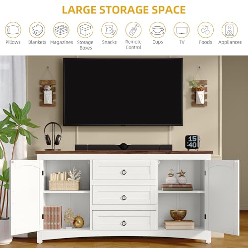 DWVO Farmhouse Sideboard Buffet Cabinet with Storage, 59" Sideboard Cabinet with Drawers & Doors, Kitchen Storage Cabinets for Dining Room Living Room, White DWVO