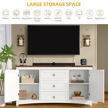 DWVO Farmhouse Sideboard Buffet Cabinet with Storage, 59" Sideboard Cabinet with Drawers & Doors, Kitchen Storage Cabinets for Dining Room Living Room, White DWVO