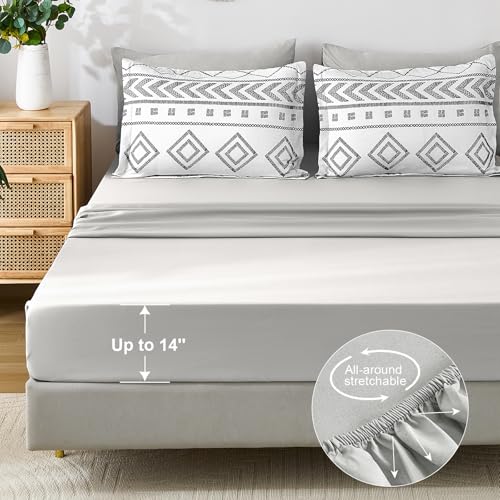 Yiran White Comforter Set Queen Size, 7 Piece Boho Aztec Bedding Set, Bohemian Bed in a Bag Queen, Soft Microfiber Striped Complete Bedding Set with Sheets for All Season Yiran