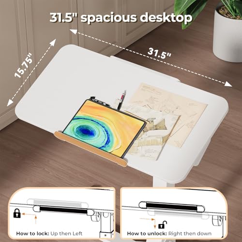 JOY worker Foldable Overbed Bedside Table, 180° Tiltable Mobile Standing Desk with Wheels, 31.5" Pneumatic Height Adjustable Rolling Laptop Desk for Home & Hospital Use, Easy Storage, White JOY worker