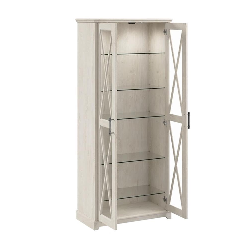 Bush Furniture Lennox Farmhouse Curio Cabinet with Glass Doors and Shelves in Linen White Oak | Tall 5 Shelf Display Case for Living Room or Home Office Bush Home