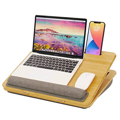 Laptop Desk, Angle Adjustable Lap Desk with Cushion, COIWAI Laptop Stand with Tablet Phone Holder, Portable Table Bed Tray, Bamboo Lapdesk for Laptop, Home Office Couch Notebook Book Bamboo - WoodArtSupply