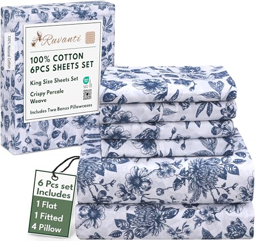 RUVANTI 6 Pcs Cotton Sheets - 100% Natural Cotton Soft, Lightweight & Breathable Crispy Percale Bed Sheets, King Size Sheets Set 16" Deep Pockets, Wild Flower RUVANTI