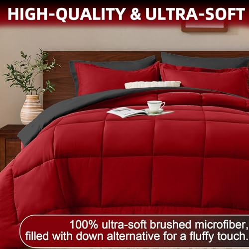 FUANNA Queen Comforter Set 7 Pieces, Reversible Queen Size Bed in a Bag with All Season Premium Comforter, Bedding Sets Includes Comforter, Flat Sheet, Fitted Sheet, Pillowcases & Shams, Red & Black FUANNA