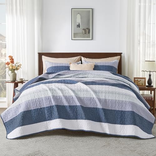 Andency Queen Quilt Bedding Set Mineral Blue, 3 Pieces Patchwork Summer Striped Ultra Soft Lightweight Bedspreads, Coverlets Set with 2 Pillow Shams for All Seasons (90"x96") Andency