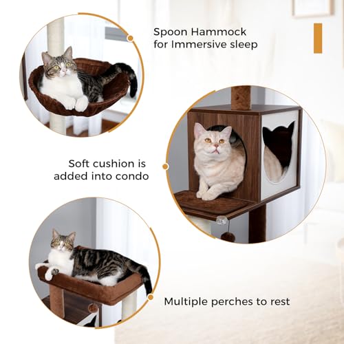 MIOMUM Tall Cat Tree with Litter Box Enclosure 56.7" Wooden Cat Tower for Large Cats with Cat Hammock House Bed (Wood Beige) MIOMUM
