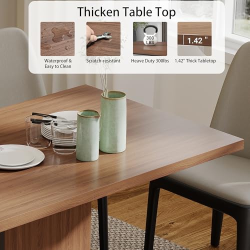 Manora 55" Modern Farmhouse Dining Table for 6 People, Rectangular Kitchen & Dining Room Wood Table with Pedestal Base, Walnut Finish Manora