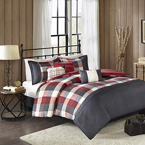 Madison Park Ridge Comforter Set - Cabin Lodge Plaid Herringbone Design, All Season Down Alternative Cozy Bedding with Matching Bedskirt, Shams, Decorative Pillow, Red Queen(90"x90") 7 Piece Madison Park