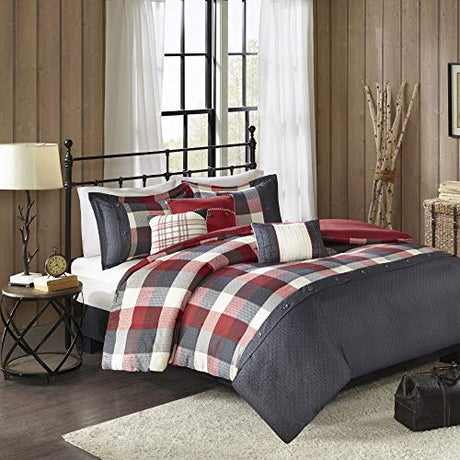 Madison Park Ridge Comforter Set - Cabin Lodge Plaid Herringbone Design, All Season Down Alternative Cozy Bedding with Matching Bedskirt, Shams, Decorative Pillow, Red Queen(90"x90") 7 Piece Madison Park