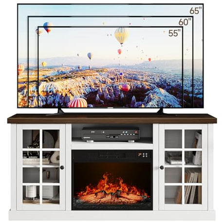 ONBRILL 59 Inch Fireplace TV Stand, Entertainment Center with 23 Inch Electric Fireplace, TV Table for TVs up to 65 Inches, Media Console Cabinet with Storage and Glass Doors for Living Room, White ONBRILL