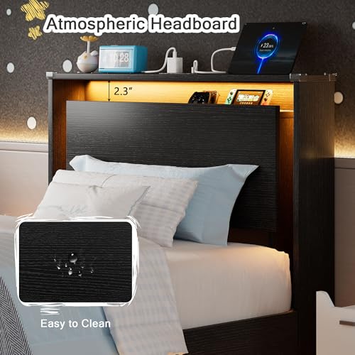 Einhomn Twin Bed Frames with LED Lights and Charging Station - Wood Floating Bed Frame with Storage Headboard, Adhesive Slats, Kick-Free & Noise-Free Design, Easy Assembly, Black Einhomn