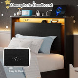 Einhomn Twin Bed Frames with LED Lights and Charging Station - Wood Floating Bed Frame with Storage Headboard, Adhesive Slats, Kick-Free & Noise-Free Design, Easy Assembly, Black Einhomn