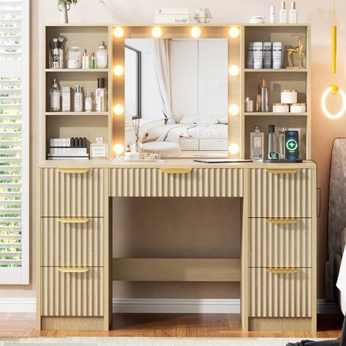 DDONGMM Fluted Vanity Desk with Mirror and 10 Adjustable LED Lights, Modern Makeup Desk with 7 Drawers & 6 Shelves, Dressing Table with Charging Station for Girls, Women, Bedroom, Natural Oak DDONGMM