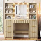 DDONGMM Fluted Vanity Desk with Mirror and 10 Adjustable LED Lights, Modern Makeup Desk with 7 Drawers & 6 Shelves, Dressing Table with Charging Station for Girls, Women, Bedroom, Natural Oak DDONGMM